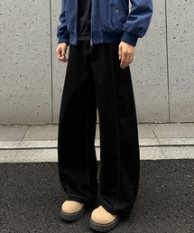 ウォッシュ加工ワイドデニムパンツ