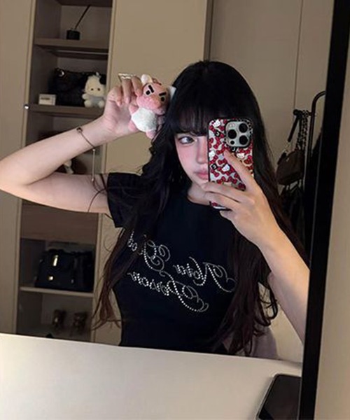 shyam inspiration(シャムインスピレーション)の「ラインストーンロゴコンパクトTシャツ/ラグラン(Tシャツ/カットソー・レディース・ブラック/ホワイト・L/M)」の19枚目の写真