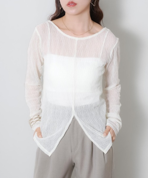 Riberry(リベリー)の「前後2WAYスリット入りウェーブシアートップス(Tシャツ/カットソー・レディース・オフホワイト/ブラック・MEDIUM)」の10枚目の写真