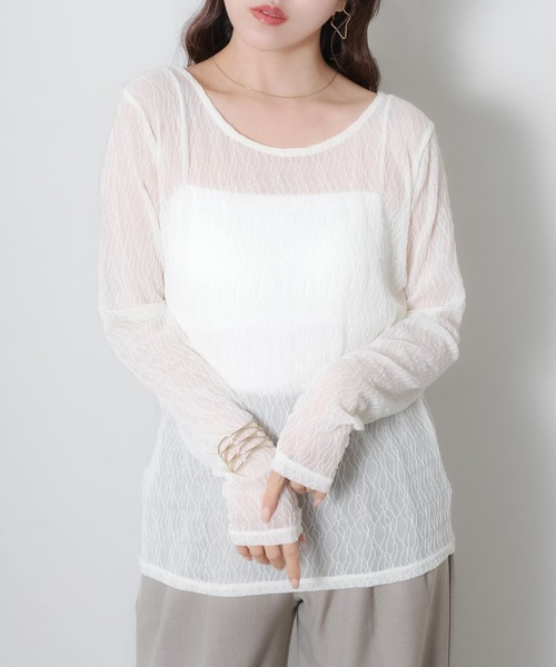 Riberry(リベリー)の「前後2WAYスリット入りウェーブシアートップス(Tシャツ/カットソー・レディース・オフホワイト/ブラック・MEDIUM)」の14枚目の写真