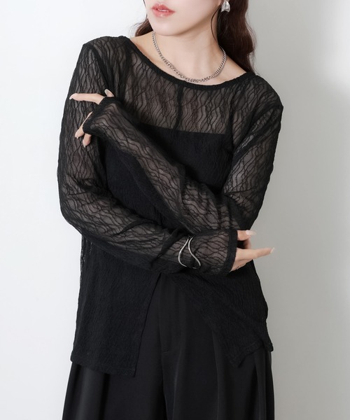 Riberry(リベリー)の「前後2WAYスリット入りウェーブシアートップス(Tシャツ/カットソー・レディース・オフホワイト/ブラック・MEDIUM)」の19枚目の写真