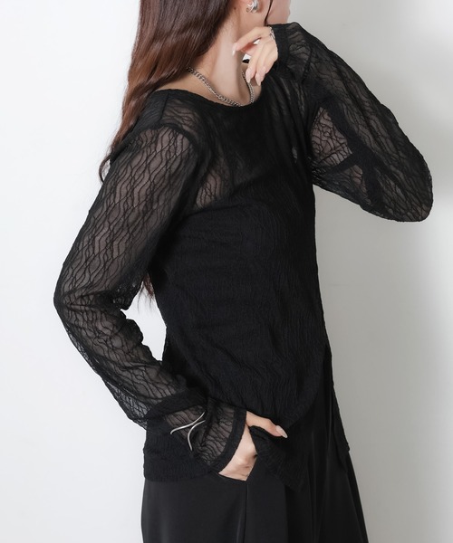 Riberry(リベリー)の「前後2WAYスリット入りウェーブシアートップス(Tシャツ/カットソー・レディース・オフホワイト/ブラック・MEDIUM)」の20枚目の写真