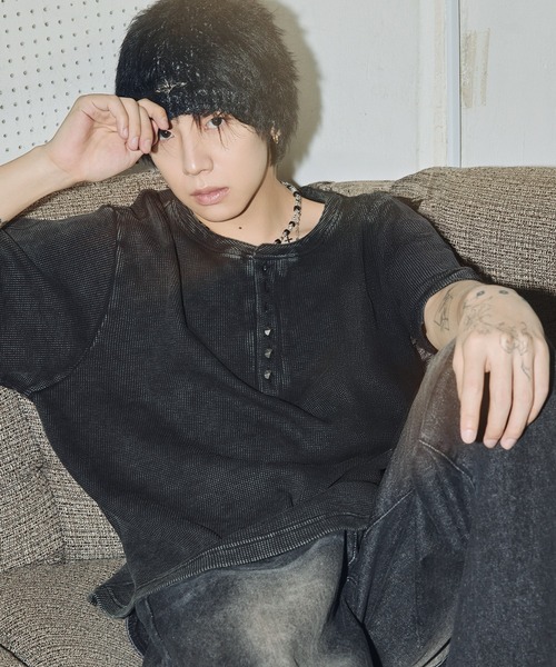 シルバーボタンヘンリーネックサーマルワッフル半袖Tシャツ カットソー
