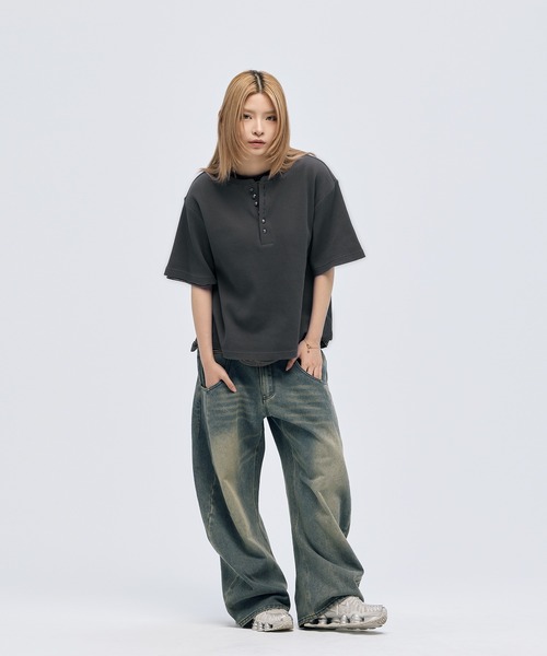 MSG(エムエスジー)の「シルバーボタンヘンリーネックサーマルワッフル半袖Tシャツ カットソー(Tシャツ/カットソー・メンズ・ブラック系/チャコール/ブラック/ホワイト/グレー/ワイン・S/M/L/XL)」の12枚目の写真