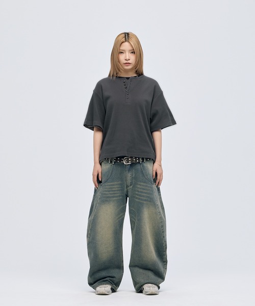 MSG(エムエスジー)の「シルバーボタンヘンリーネックサーマルワッフル半袖Tシャツ カットソー(Tシャツ/カットソー・メンズ・ブラック系/チャコール/ブラック/ホワイト/グレー/ワイン・S/M/L/XL)」の8枚目の写真