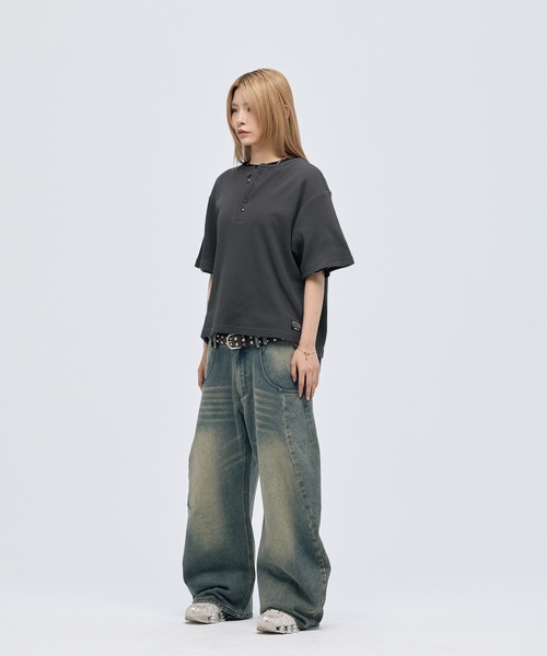 MSG(エムエスジー)の「シルバーボタンヘンリーネックサーマルワッフル半袖Tシャツ カットソー(Tシャツ/カットソー・メンズ・ブラック系/チャコール/ブラック/ホワイト/グレー/ワイン・S/M/L/XL)」の9枚目の写真