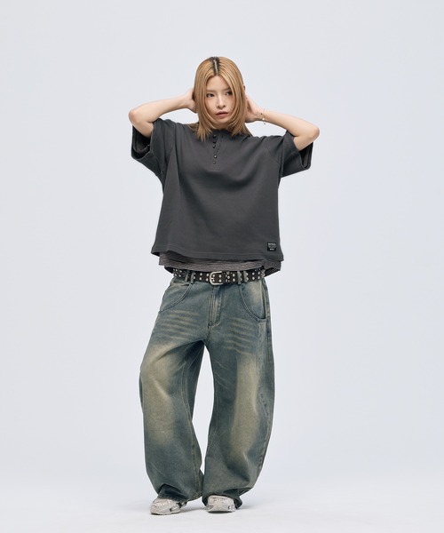 MSG(エムエスジー)の「シルバーボタンヘンリーネックサーマルワッフル半袖Tシャツ カットソー(Tシャツ/カットソー・メンズ・ブラック系/チャコール/ブラック/ホワイト/グレー/ワイン・S/M/L/XL)」の14枚目の写真