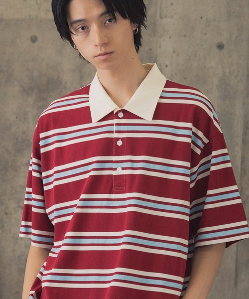ILL'S(イルズ)の「折り返しボーダーポロシャツ / TURNED BORDER POLO メンズ ウィメンズ ユニセックス(ポロシャツ・メンズ・ホワイト/レッド/グレー・M/L)」の4枚目の写真