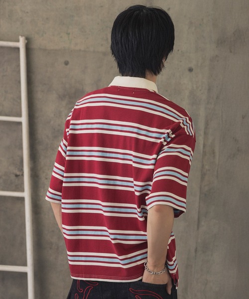 ILL'S(イルズ)の「折り返しボーダーポロシャツ / TURNED BORDER POLO メンズ ウィメンズ ユニセックス(ポロシャツ・メンズ・ホワイト/レッド/グレー・M/L)」の8枚目の写真