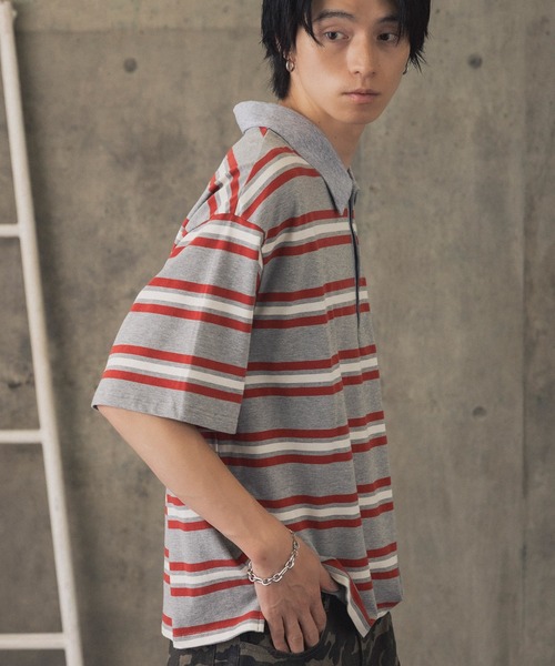 ILL'S(イルズ)の「折り返しボーダーポロシャツ / TURNED BORDER POLO メンズ ウィメンズ ユニセックス(ポロシャツ・メンズ・ホワイト/レッド/グレー・M/L)」の22枚目の写真