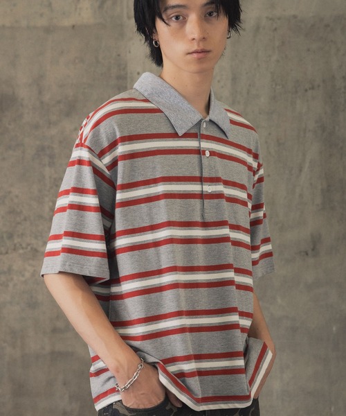 ILL'S(イルズ)の「折り返しボーダーポロシャツ / TURNED BORDER POLO メンズ ウィメンズ ユニセックス(ポロシャツ・メンズ・ホワイト/レッド/グレー・M/L)」の17枚目の写真