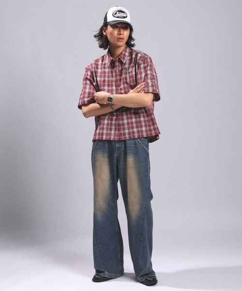 RAGEBLUE(レイジブルー)の「Crown Stitch Check Short shirt/クラウン刺繍ショート丈チェックシャツ(シャツ/ブラウス・メンズ・ダークブラウン/ブラック/ワインレッド・LARGE/MEDIUM)」の12枚目の写真