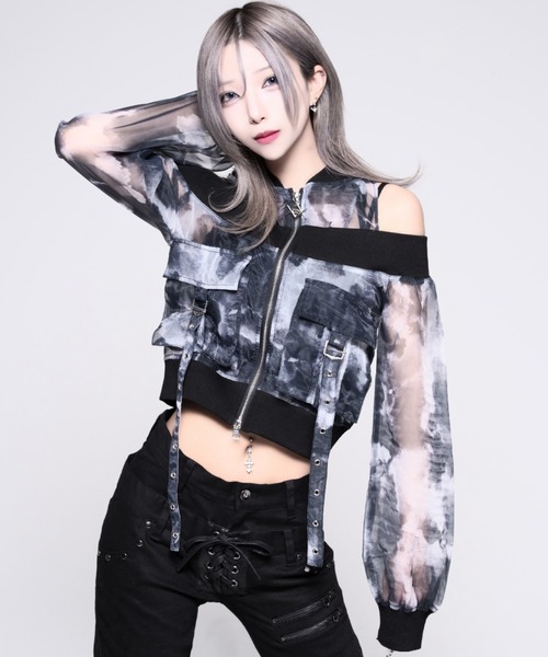 REFLEM(レフレム)の「『REFLEM/レフレム』オフショルクロップドシアーブルゾン(ブルゾン・レディース・ブラック/A・M/S)」の1枚目の写真