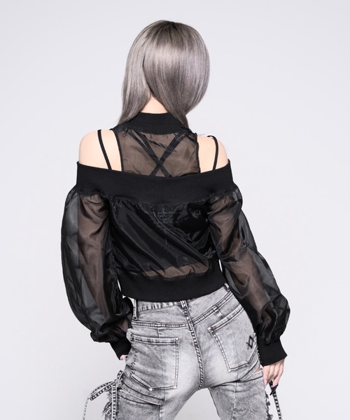REFLEM(レフレム)の「『REFLEM/レフレム』オフショルクロップドシアーブルゾン(ブルゾン・レディース・ブラック/A・M/S)」の10枚目の写真