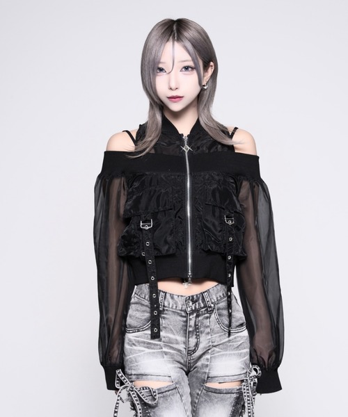 REFLEM(レフレム)の「『REFLEM/レフレム』オフショルクロップドシアーブルゾン(ブルゾン・レディース・ブラック/A・M/S)」の8枚目の写真