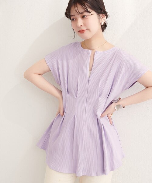 natural couture（ナチュラルクチュール）の「【mamamo】テレコリブzipあきTOPS（Tシャツ/カットソー・レディース・オフホワイト/ブラック/ライム/ラベンダー・FREE）」の4枚目の写真