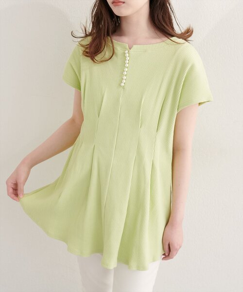natural couture（ナチュラルクチュール）の「【mamamo】テレコリブzipあきTOPS（Tシャツ/カットソー・レディース・オフホワイト/ブラック/ライム/ラベンダー・FREE）」の3枚目の写真