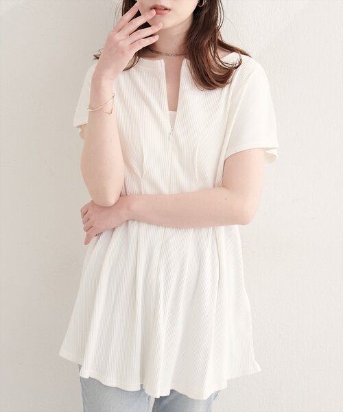 natural couture（ナチュラルクチュール）の「【mamamo】テレコリブzipあきTOPS（Tシャツ/カットソー・レディース・オフホワイト/ブラック/ライム/ラベンダー・FREE）」の12枚目の写真