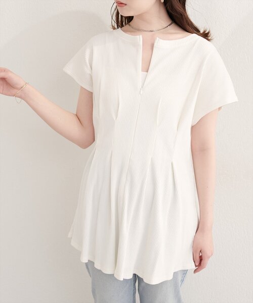natural couture（ナチュラルクチュール）の「【mamamo】テレコリブzipあきTOPS（Tシャツ/カットソー・レディース・オフホワイト/ブラック/ライム/ラベンダー・FREE）」の13枚目の写真