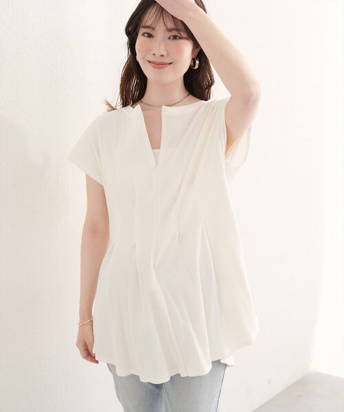 natural couture（ナチュラルクチュール）の「【mamamo】テレコリブzipあきTOPS（Tシャツ/カットソー・レディース・オフホワイト/ブラック/ライム/ラベンダー・FREE）」の14枚目の写真
