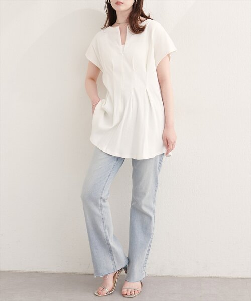 natural couture（ナチュラルクチュール）の「【mamamo】テレコリブzipあきTOPS（Tシャツ/カットソー・レディース・オフホワイト/ブラック/ライム/ラベンダー・FREE）」の15枚目の写真