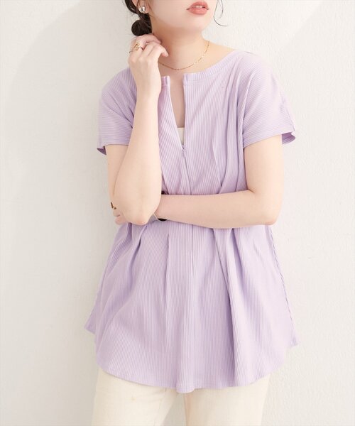 natural couture（ナチュラルクチュール）の「【mamamo】テレコリブzipあきTOPS（Tシャツ/カットソー・レディース・オフホワイト/ブラック/ライム/ラベンダー・FREE）」の5枚目の写真