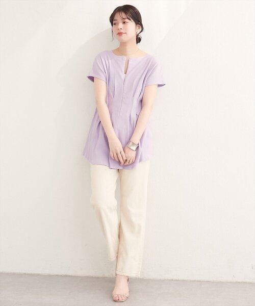 natural couture（ナチュラルクチュール）の「【mamamo】テレコリブzipあきTOPS（Tシャツ/カットソー・レディース・オフホワイト/ブラック/ライム/ラベンダー・FREE）」の7枚目の写真