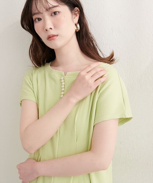 natural couture（ナチュラルクチュール）の「【mamamo】テレコリブzipあきTOPS（Tシャツ/カットソー・レディース・オフホワイト/ブラック/ライム/ラベンダー・FREE）」の8枚目の写真