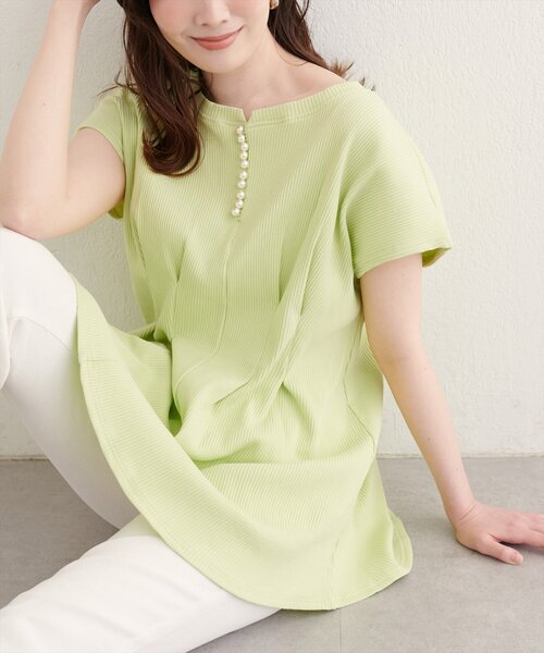 natural couture（ナチュラルクチュール）の「【mamamo】テレコリブzipあきTOPS（Tシャツ/カットソー・レディース・オフホワイト/ブラック/ライム/ラベンダー・FREE）」の9枚目の写真