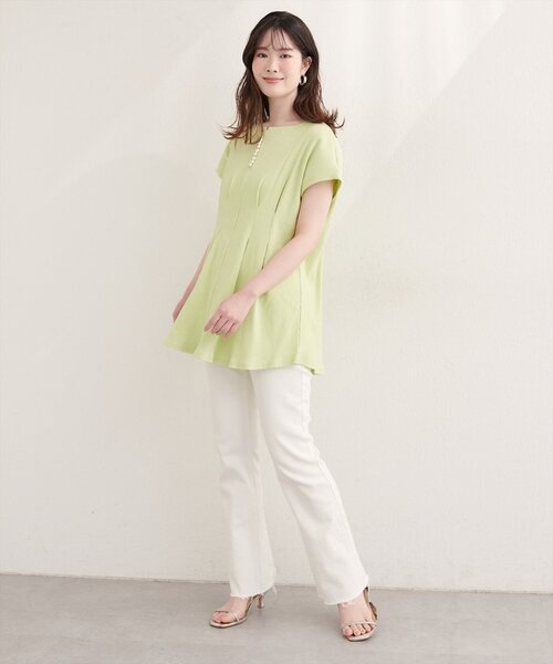 natural couture（ナチュラルクチュール）の「【mamamo】テレコリブzipあきTOPS（Tシャツ/カットソー・レディース・オフホワイト/ブラック/ライム/ラベンダー・FREE）」の11枚目の写真