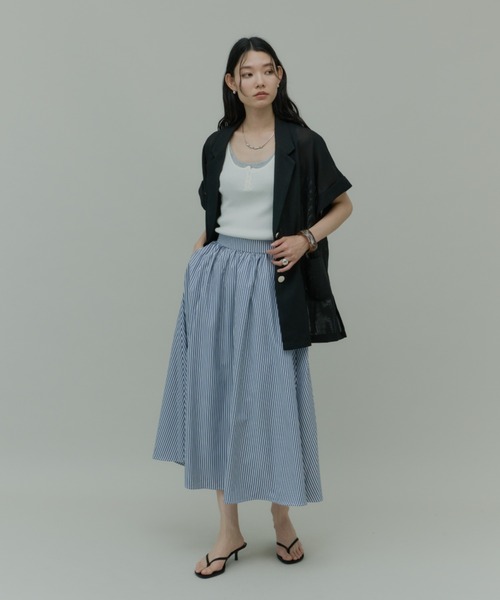 Plumel(プルメル)の「Stripe Gathered Long Skirt / ストライプギャザーロングスカート(スカート・レディース・ネイビー・LARGE)」の12枚目の写真