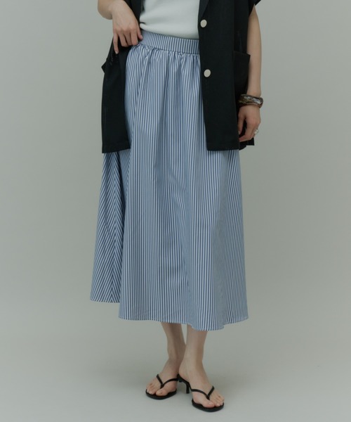Plumel(プルメル)の「Stripe Gathered Long Skirt / ストライプギャザーロングスカート(スカート・レディース・ネイビー・LARGE)」の6枚目の写真