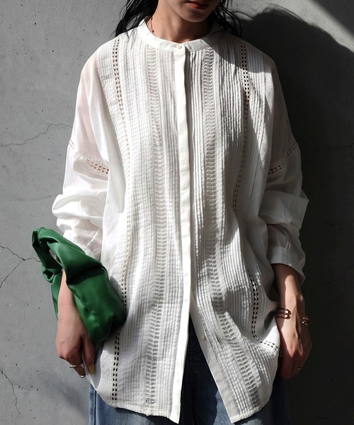antiqua(アンティカ)の「インド綿 バンドカラー シャツ(シャツ/ブラウス・レディース・ホワイト・ONESIZE)」の1枚目の写真