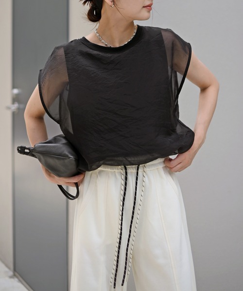 Marient（マリエント）の「[冷感]オーガンジーレイヤードフレンチスリーブトップス（Tシャツ/カットソー・レディース・ブラック/ホワイト・FREE）」の2枚目の写真
