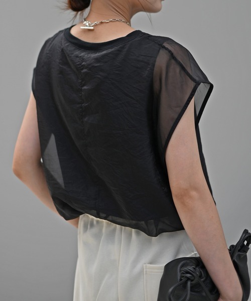 Marient（マリエント）の「[冷感]オーガンジーレイヤードフレンチスリーブトップス（Tシャツ/カットソー・レディース・ブラック/ホワイト・FREE）」の17枚目の写真
