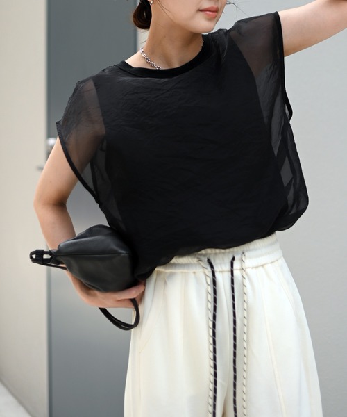 Marient（マリエント）の「[冷感]オーガンジーレイヤードフレンチスリーブトップス（Tシャツ/カットソー・レディース・ブラック/ホワイト・FREE）」の19枚目の写真