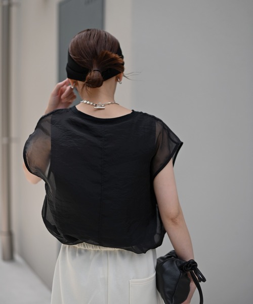 Marient（マリエント）の「[冷感]オーガンジーレイヤードフレンチスリーブトップス（Tシャツ/カットソー・レディース・ブラック/ホワイト・FREE）」の20枚目の写真