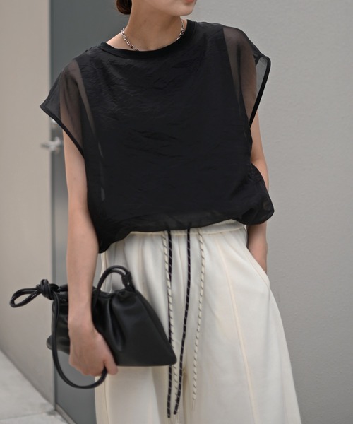 Marient（マリエント）の「[冷感]オーガンジーレイヤードフレンチスリーブトップス（Tシャツ/カットソー・レディース・ブラック/ホワイト・FREE）」の21枚目の写真