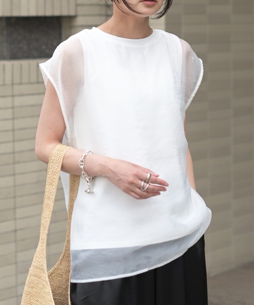 Marient（マリエント）の「[冷感]オーガンジーレイヤードフレンチスリーブトップス（Tシャツ/カットソー・レディース・ブラック/ホワイト・FREE）」の16枚目の写真