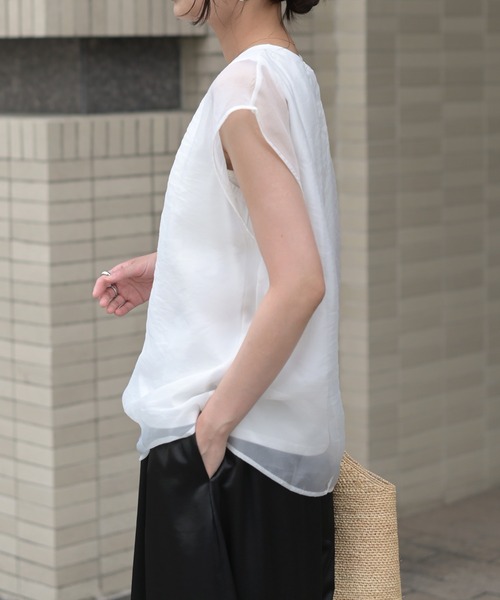 Marient（マリエント）の「[冷感]オーガンジーレイヤードフレンチスリーブトップス（Tシャツ/カットソー・レディース・ブラック/ホワイト・FREE）」の5枚目の写真