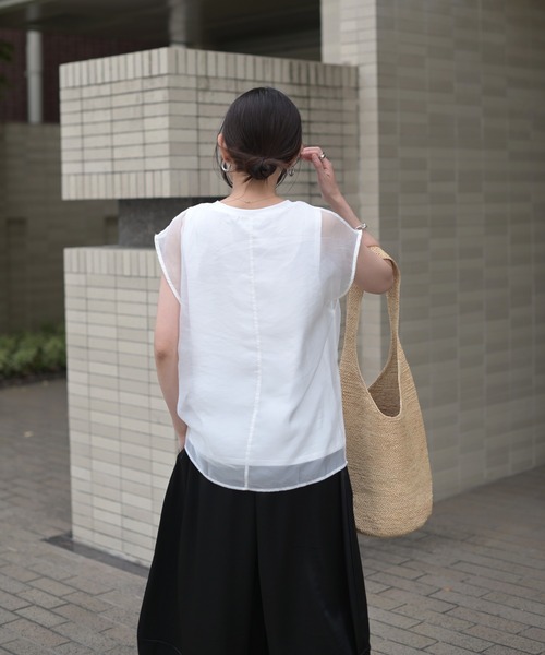 Marient（マリエント）の「[冷感]オーガンジーレイヤードフレンチスリーブトップス（Tシャツ/カットソー・レディース・ブラック/ホワイト・FREE）」の6枚目の写真