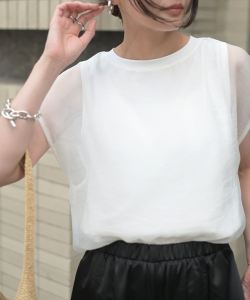 Marient（マリエント）の「[冷感]オーガンジーレイヤードフレンチスリーブトップス（Tシャツ/カットソー・レディース・ブラック/ホワイト・FREE）」の7枚目の写真