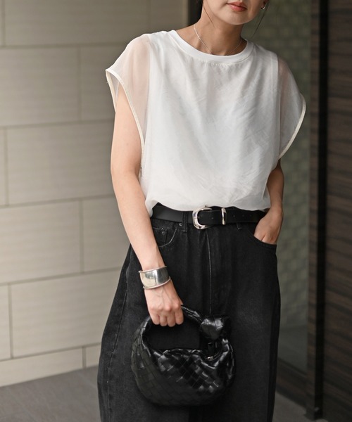 Marient（マリエント）の「[冷感]オーガンジーレイヤードフレンチスリーブトップス（Tシャツ/カットソー・レディース・ブラック/ホワイト・FREE）」の8枚目の写真