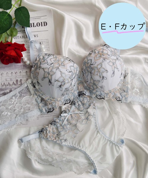 【EFサイズ/美谷間＆丸胸を叶える！ナチュ盛りメイクブラ♪】上下セット/フェミニン/脇高ガーリーフラワー