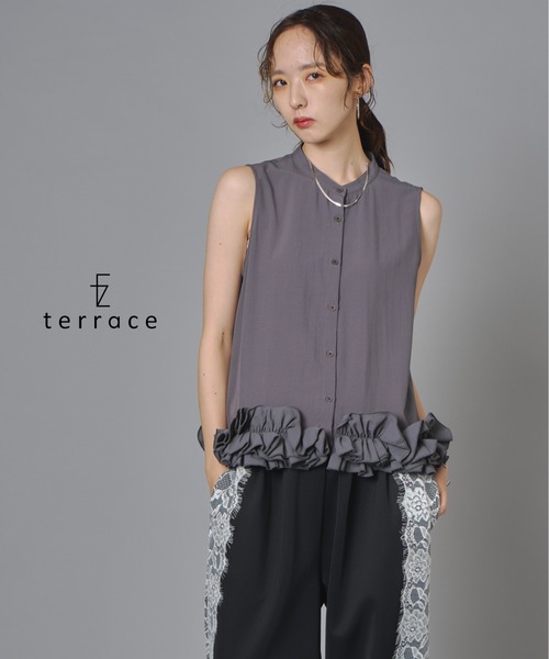 terrace(テラス)の「シルキージョーゼットフリルノースリーブブラウス(シャツ/ブラウス・レディース・ブラック/チャコール/オフホワイト・FREE)」の3枚目の写真