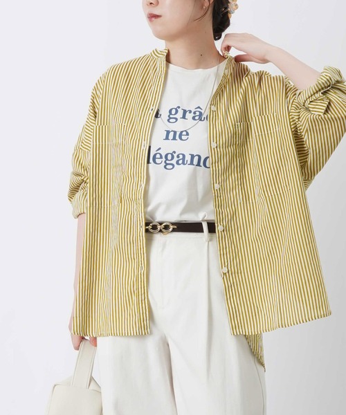 LC/LLL キャンブリックボイル長袖プリントシャツ/ストライプバンド