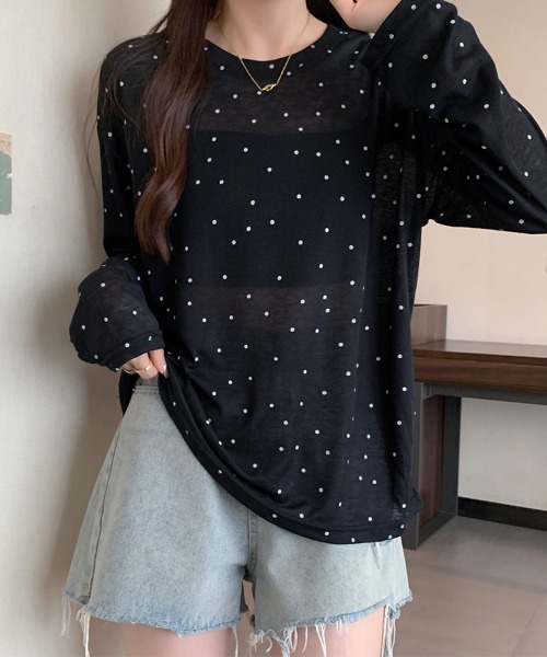 ONEP STAR(ワンピスター)の「ドット柄シアー長袖プルオーバー(Tシャツ/カットソー・レディース・ホワイト/ブラック/ベージュ/グレー・FREE)」の1枚目の写真