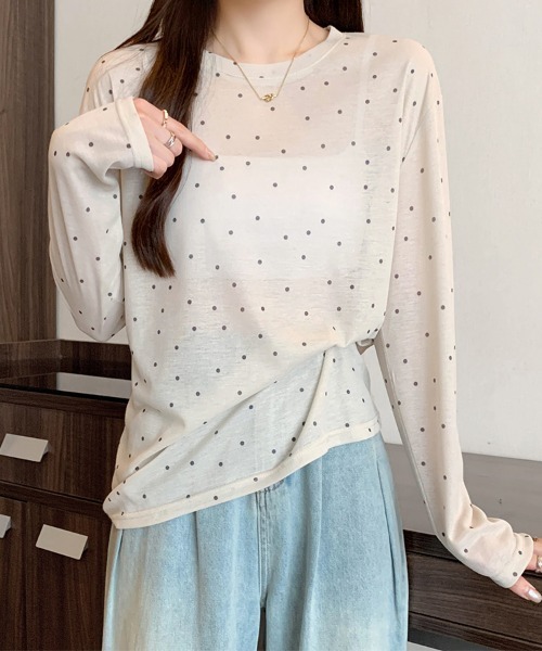 ONEP STAR(ワンピスター)の「ドット柄シアー長袖プルオーバー(Tシャツ/カットソー・レディース・ホワイト/ブラック/ベージュ/グレー・FREE)」の20枚目の写真