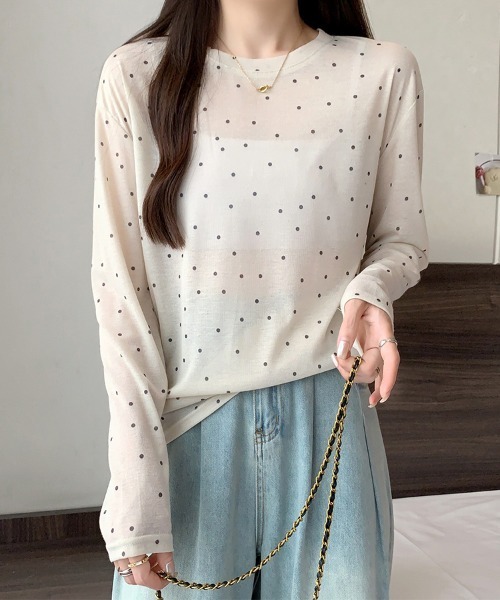 ONEP STAR(ワンピスター)の「ドット柄シアー長袖プルオーバー(Tシャツ/カットソー・レディース・ホワイト/ブラック/ベージュ/グレー・FREE)」の19枚目の写真