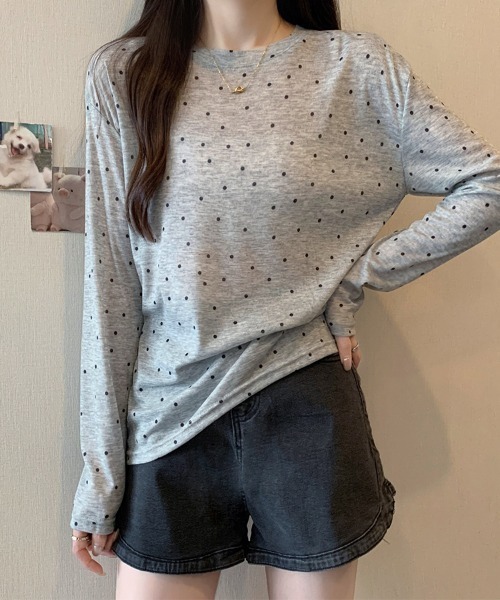 ONEP STAR(ワンピスター)の「ドット柄シアー長袖プルオーバー(Tシャツ/カットソー・レディース・ホワイト/ブラック/ベージュ/グレー・FREE)」の18枚目の写真